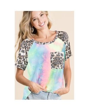 TRUEDAMES Tie Dye Knit Top With Leopard Raglan Sleeves - Multicolor