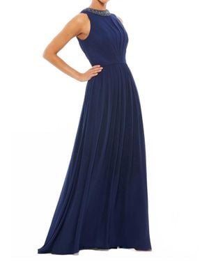 Mac Duggal Bejeweled Neckline Pleated Chiffon Gown Dress - Blue