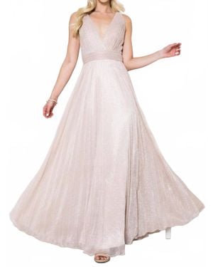 Amelia Couture Pleated Metallic V-Neck Gown - Pink