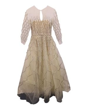 Oscar de la Renta Ethereal Quarter-Sleeve Corded Tulle Gown - Natural