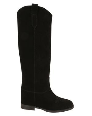 Via Roma 15 Velour Tall Suede Internal Wedge Embroidered Boots - Black