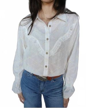 Turquoise Haven Long Sleeve Western Ruffle Blouse - Gray