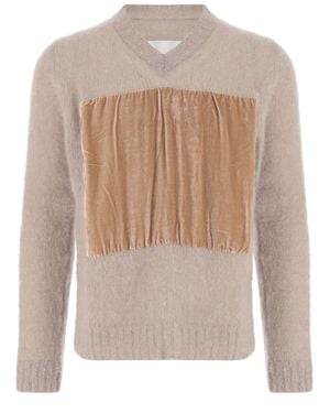Maison Margiela Mohair-Blend Velvet Appliqué V-Neck Sweater - Natural