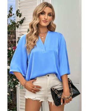 TRUEDAMES Solid V Neck Satin High Low Hem Blouse - Blue