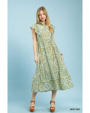 Umgee Ruffle Sleeve Ikat Midi Dress - Blue