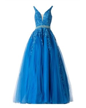 Jovani Embellished Belt Prom Ballgown - Blue