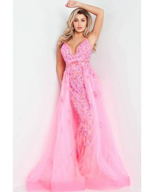 Jovani Embellished Plunging Neck Gown - Pink
