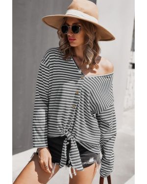 TRUEDAMES V Neck Short Sleeve Striped Tunic Shirt - Gray