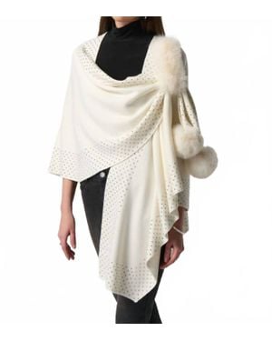 Joseph Ribkoff Faux Fur Pom Pom Cape Shawl - White