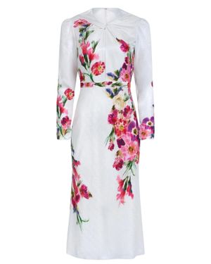 Saloni Claudia Teardrop Knot Floral Printed Silk Midi Dress - White