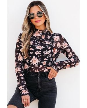 TRUEDAMES Floral Mesh Mock Neck Long Sleeve Slim Fit Top - Black