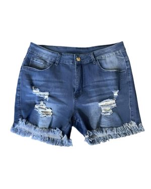 Shirley Stone Distressed Mid-Rise Dark Wash Denim Shorts - Blue