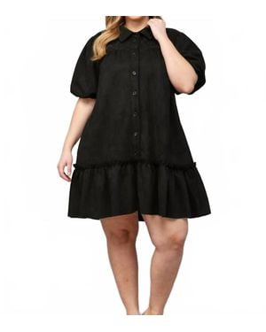 Fate Darby Faux Suede Button Front Short Puff Sleeve Dress - Black