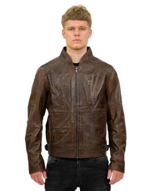 Infinity Leather Retro Biker Jacket-Sydney - Brown