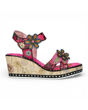 Laura Vita Ballon 08 Floral Leather Wedge Espadrille Sandals - Red
