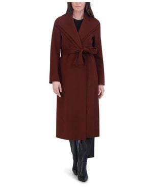 Tahari Slim Fit Double-Faced Wool Blend Belted Wrap Coat - Red