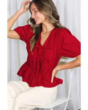 Vine & Love Subtle Elasticized Detailing Blouse With Front Tie - Red