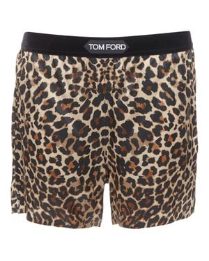 Tom Ford Silk Satin Leopard Print Tf Logo Velvet Trim Shorts - Brown