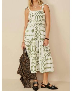 Hayden LA Shoulder Tie Smocked Geometric Print Dress - Natural