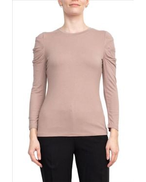 Catherine Malandrino Crewneck Long Sleeve Ruched Shoulder Solid Knit Top - Pink