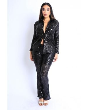 TRUEDAMES Sequin Button Down Shirt And Pant Set - Black