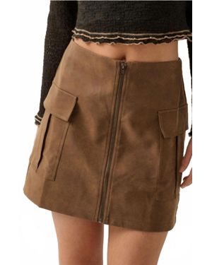 Promesa Fast Track Vegan Leather Front-Zip Cargo Mini Skirt - Brown