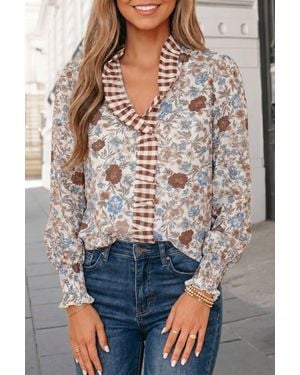 Aapparella Plaid Frill Trim Blouse - Gray