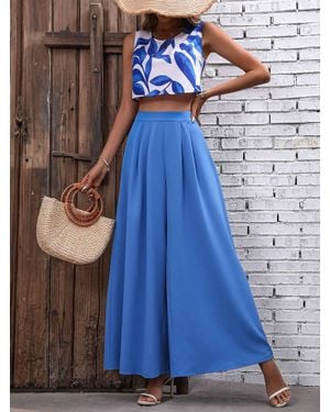 Rosa Clothing Printed Top Wide-Leg Pants Two-Piece Set - Blue
