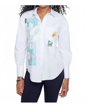Renuar Vintage Postcard Charm Button Up Blouse - White