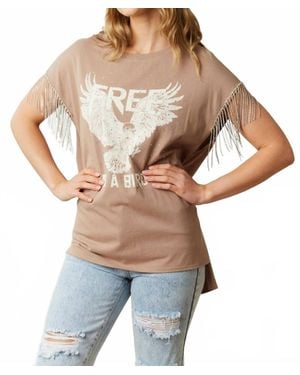 Fantastic Fawn Free As A Bird Rhinestone Fringe Tee - Brown