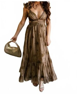 Storia Zoey Embroidered Floral Ruffle Maxi Dress - Brown