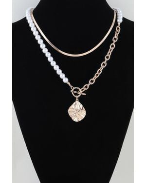 Fashnzfab Hammered Toggle Beaded Chain Necklace - Black