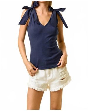 Doe And Rae Ribbed V-Neck Bow Tie Tank Top - Blue