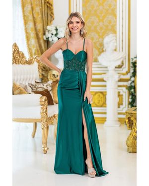 DQ Elegant Spaghetti Strap Beaded Bodice Evening Gown With Thigh-High Slit And Draped Detail Prom Dress - Yellow