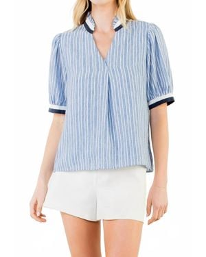 Thml Short Sleeve Striped V Neck Top - Blue