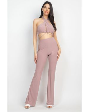 TRUEDAMES Solid Halter Top And Elastic Leggings Set - Pink