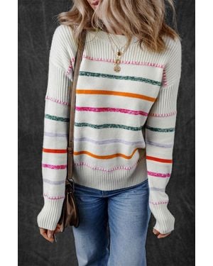 TRUEDAMES Colorful Striped Ribbed Trim Sweater - Gray