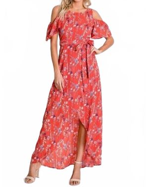 Davi & Dani Floral Cold Shoulder Tulip Dress - Red