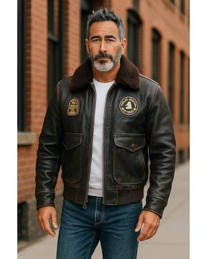 Infinity Leather Leather Bomber Sheepskin Collar G-1 Aviator Jacket - Brown