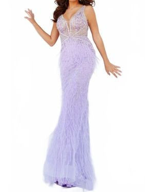 Jovani Beaded Feather Long Dress - Purple