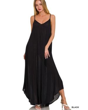 TRUEDAMES Woven Crinkle Cami Maxi Dress With Side Pockets - Black