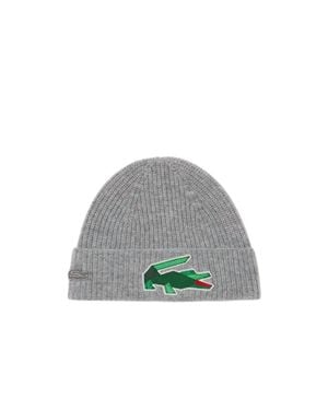 Lacoste Ribbed Wool Knit Crocodile Beanie - Gray