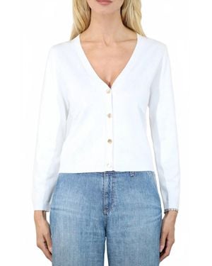 Metric Knits V Neck Long Sleeve Crop Cardigan With Square Buttons - White