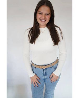 Miou Muse Classic Ribbed Knit Long Sleeve Top - White