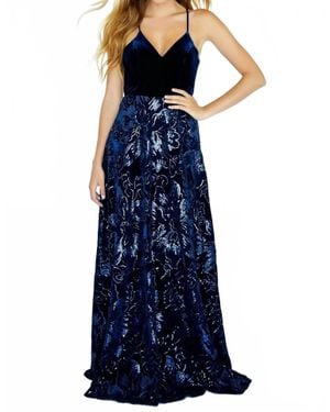 Jolene Floral Sequin Velvet V Neck Prom Dress - Blue