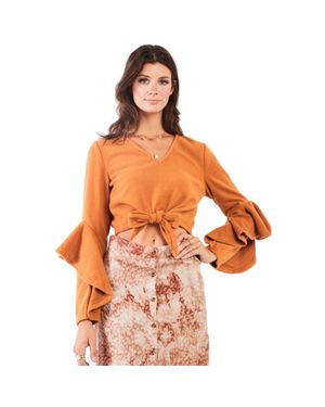 Fashnzfab Fuzzy Long Ruffle Sleeve V-Neck Self-Tie Front Detail Cropped Top - Orange