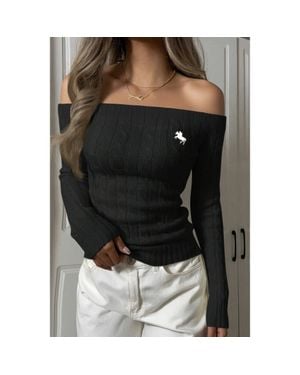 TRUEDAMES Off Shoulder Cable Knit Solid Long Sleeves Sweater - Black