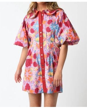 Olivaceous Groovy Floral Puff Sleeve Mini Dress - Red