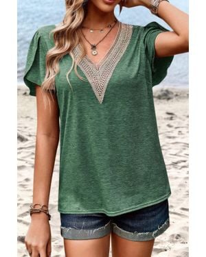 Fashnzfab Deep V Neck Lace Ruffle Sleeves Solid Fit Shirt - Green
