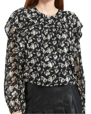 En Saison Printed Ruffle Top - Black